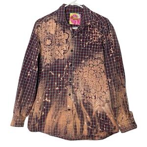 Upcycled Bleached Flannel Shirt Mens Size Large Unisex Floral Plaid Handmade